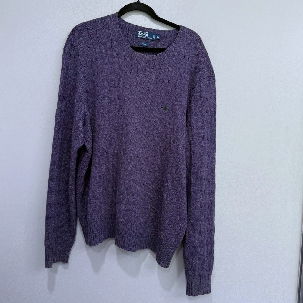 Polo Ralph Lauren dusky navy 100% Silk Cable Knit Crew Neck Sweater Mens XL Pony
